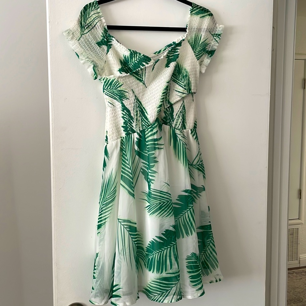 Palm print off the shoulder dress